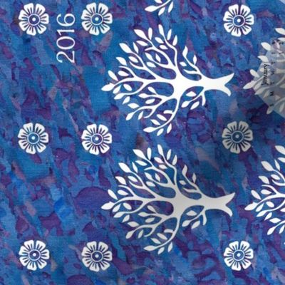 CAL2016 Virtual-Batik - blues and mauves -look at swatch to see hand-dye texture - white trees and flowers