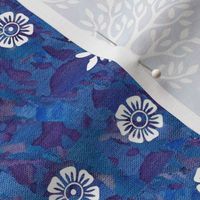 CAL2016 Virtual-Batik - blues and mauves -look at swatch to see hand-dye texture - white trees and flowers