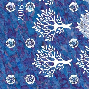 CAL2016 Virtual-Batik - blues and mauves -look at swatch to see hand-dye texture - white trees and flowers