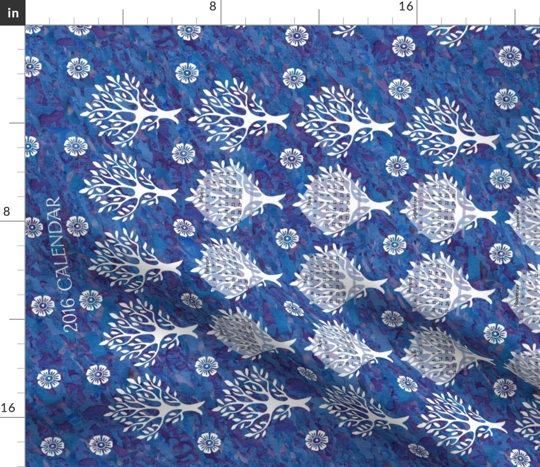 CAL2016 Virtual-Batik - blues and mauves -look at swatch to see hand-dye texture - white trees and flowers