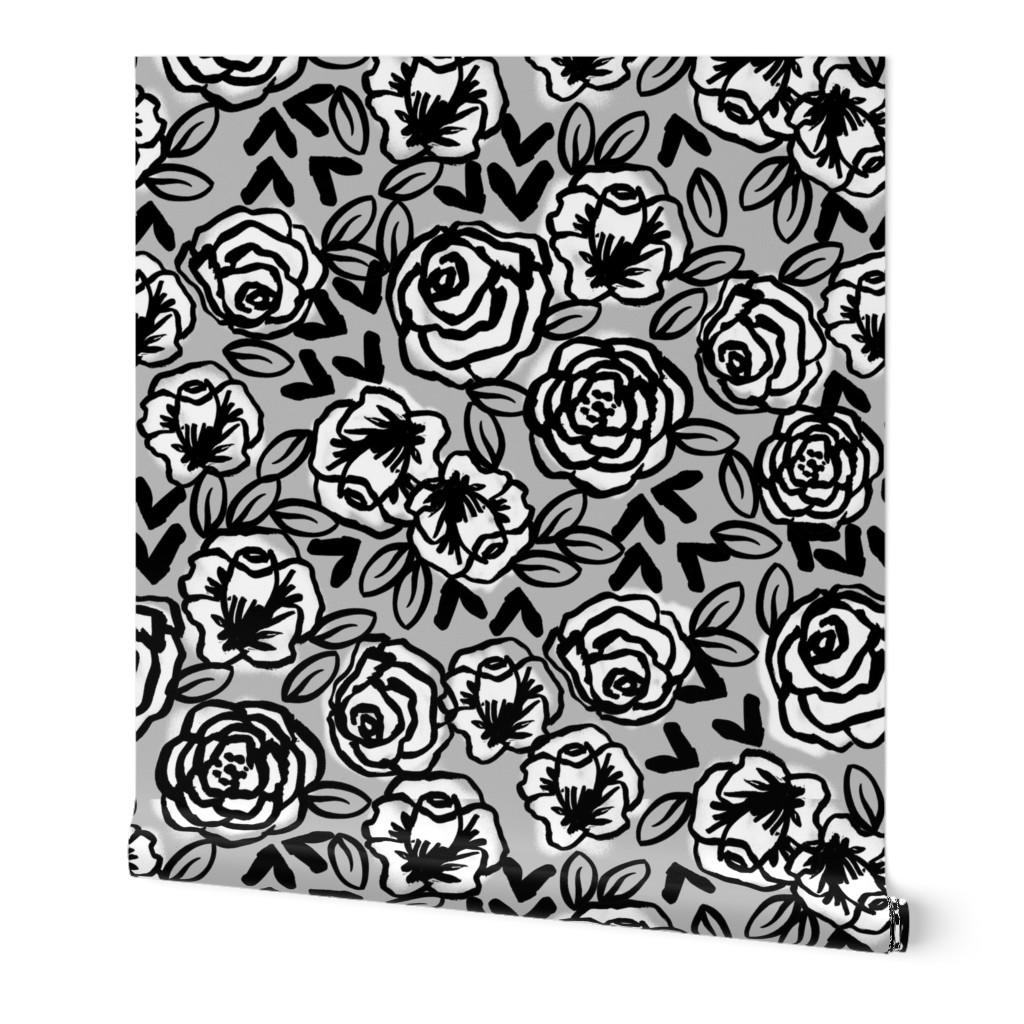 roses // black and white on grey floral flowers design 