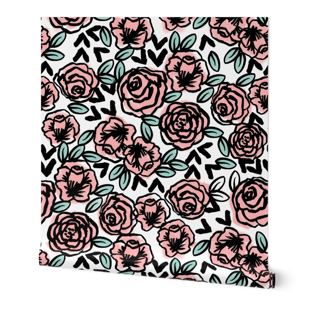 roses fabric  // pink on white sweet little vintage hand-drawn illustration pattern