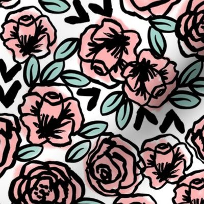 roses fabric  // pink on white sweet little vintage hand-drawn illustration pattern