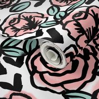 roses fabric  // pink on white sweet little vintage hand-drawn illustration pattern