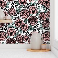 roses fabric  // pink on white sweet little vintage hand-drawn illustration pattern