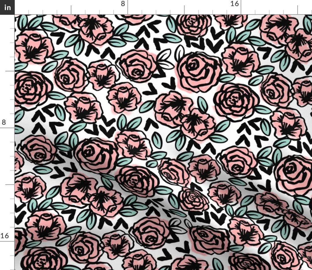 roses fabric  // pink on white sweet little vintage hand-drawn illustration pattern