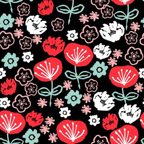 florals // black mint and pink flower repeating design for fashion print