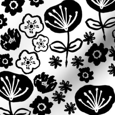 florals // black and white flower design in hand-drawn illustration repeating pattern for textiles