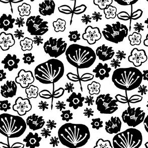 florals // black and white flower design in hand-drawn illustration repeating pattern for textiles