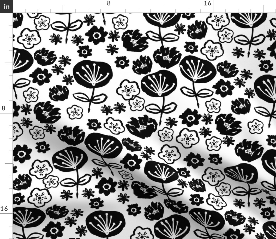 florals // black and white flower design in hand-drawn illustration repeating pattern for textiles