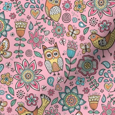 owls birds butterfly&flower Pink