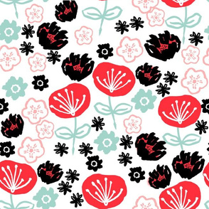 florals // pink red mint hand-drawn vintage flowers design for textiles fashion prints and repeating illustration pattern
