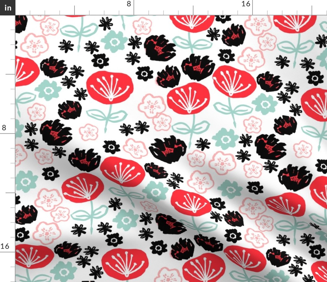 florals // pink red mint hand-drawn vintage flowers design for textiles fashion prints and repeating illustration pattern