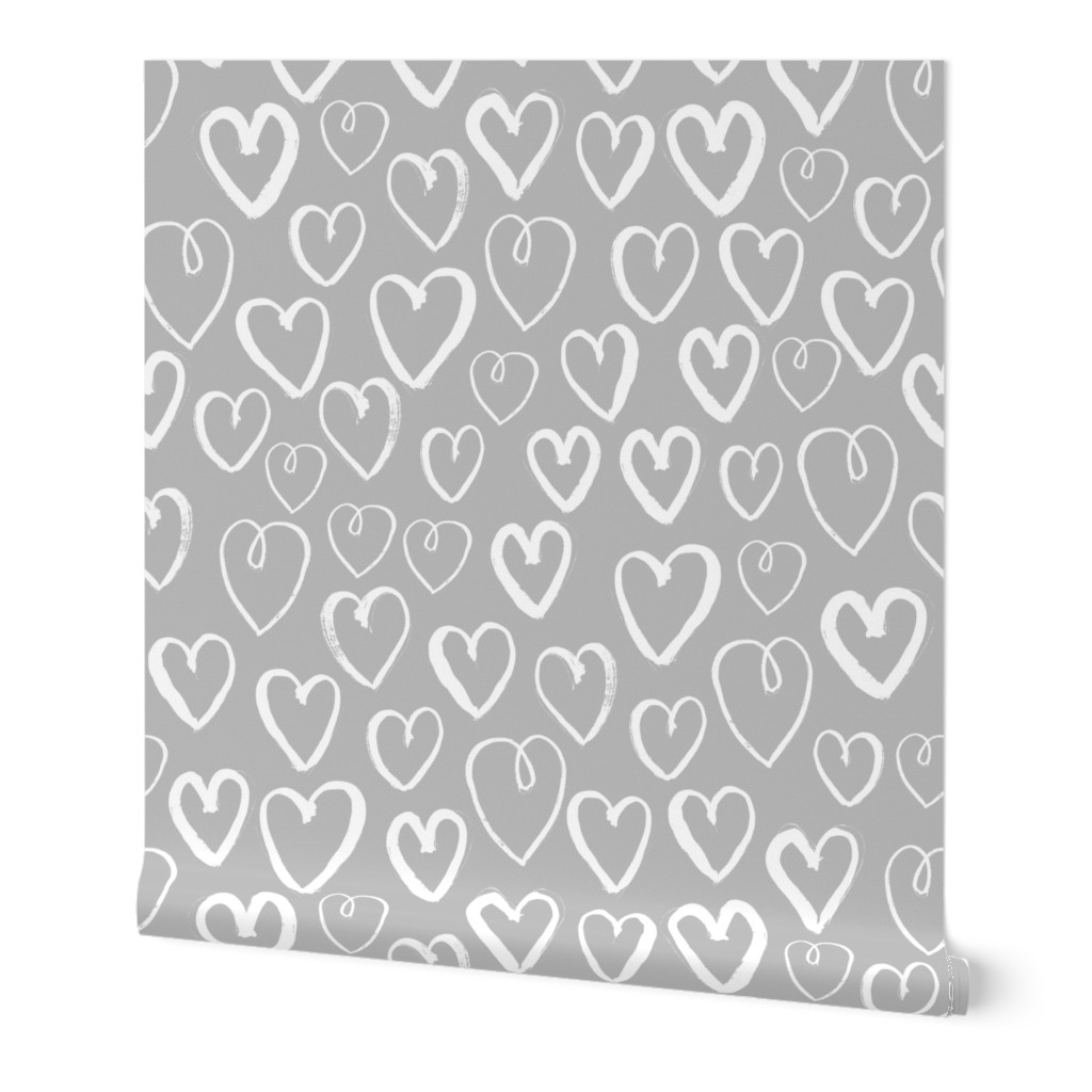 heart // grey and white hand-drawn hearts on grey for textiles and home decor