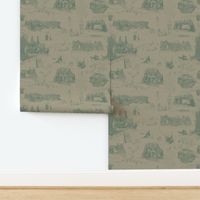 Dark Green Toile on Linen bg