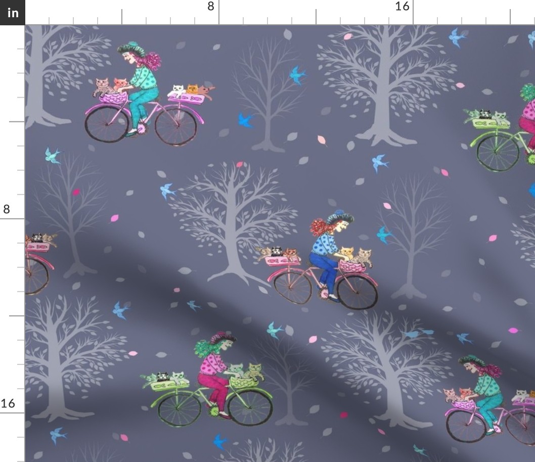 Cat lady fabric // Cats on Bikes , Cycling ladies with cats