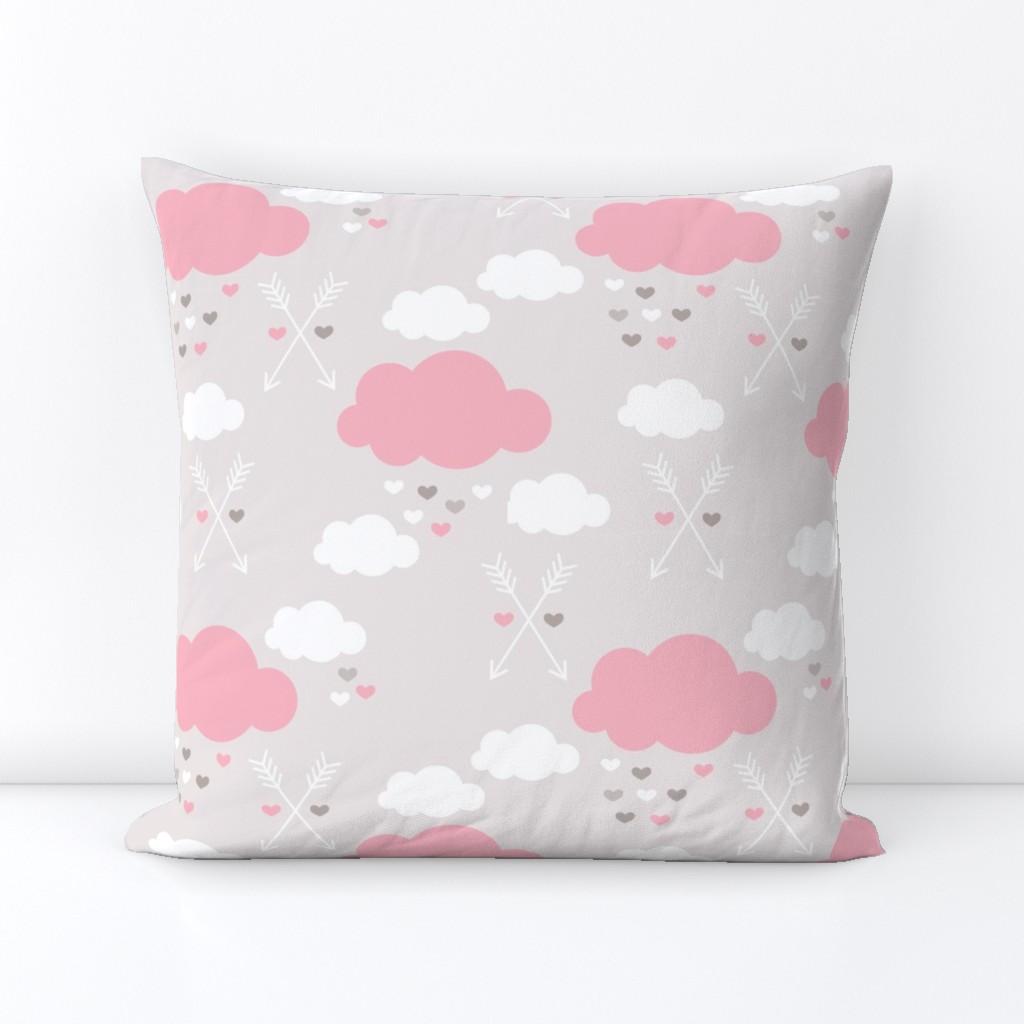 Sweet soft little indian baby dream sleepy night clouds love hearts and indian arrows scandinavian pastel illustration pattern in pink