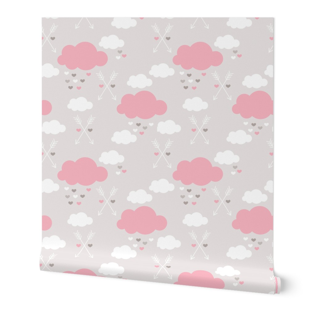 Sweet soft little indian baby dream sleepy night clouds love hearts and indian arrows scandinavian pastel illustration pattern in pink