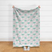 Sweet soft little indian baby dream sleepy night clouds love hearts and indian arrows scandinavian pastel illustration pattern in mint