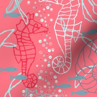 Pinky Seahorse Design with Kelp & Seashells