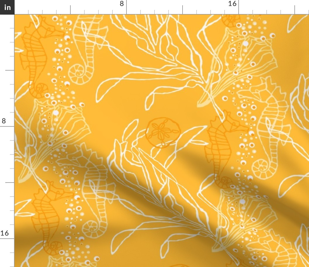 Bright Orangey Yellow Seahorse & Kelp Pattern