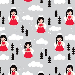 Sweet red winter ice queen christmas angels dreamy clouds illustration pattern for kids blue