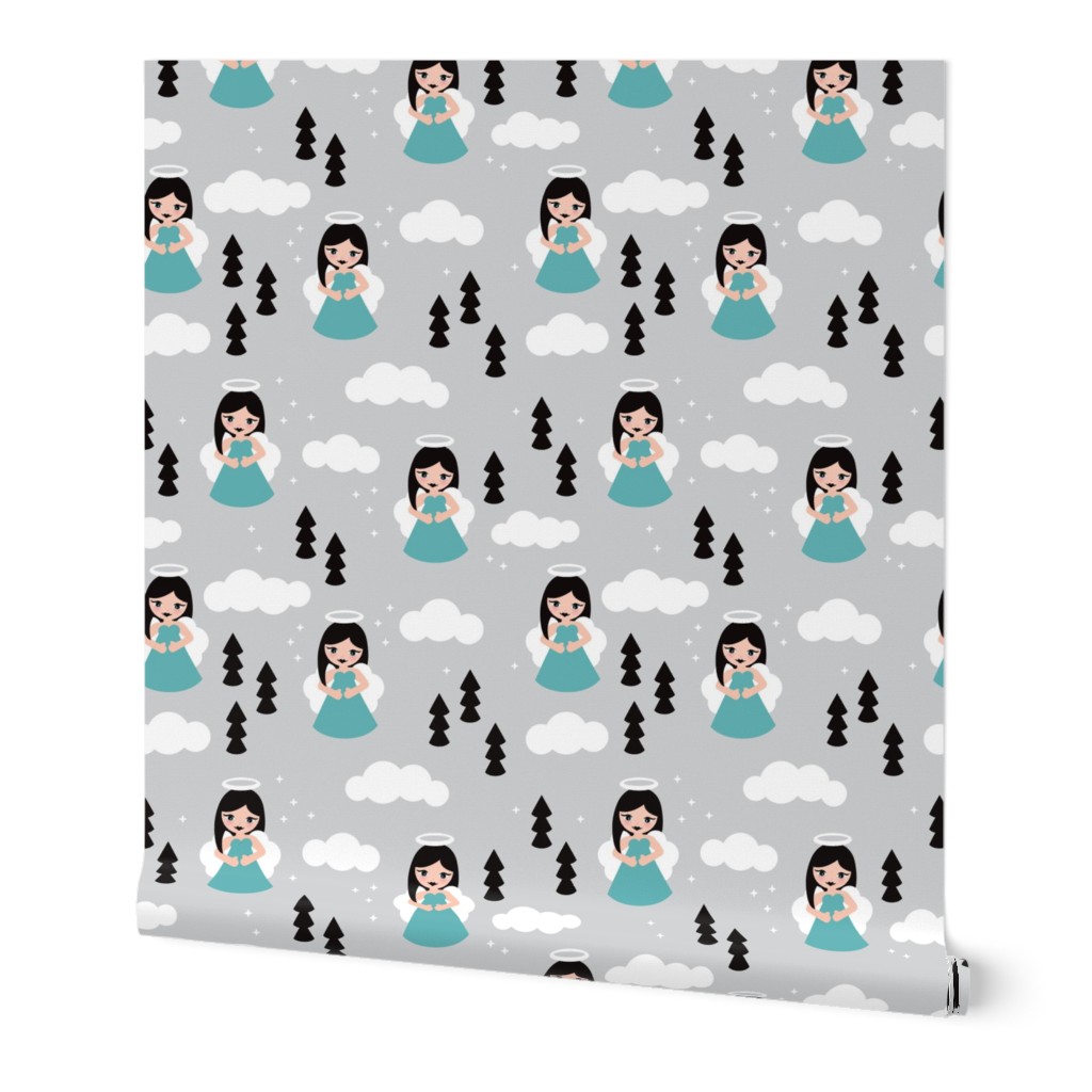 Sweet blue winter ice queen christmas angels dreamy clouds illustration pattern for kids blue