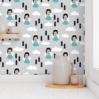 Sweet blue winter ice queen christmas angels dreamy clouds illustration pattern for kids blue