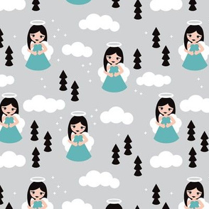 Sweet blue winter ice queen christmas angels dreamy clouds illustration pattern for kids blue