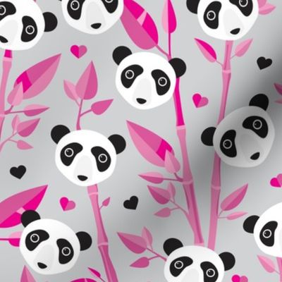 Cute bamboo forest panda love retro style modern kids illustration pattern in gray and pink