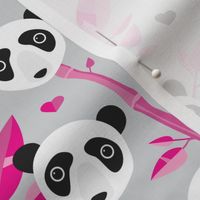 Cute bamboo forest panda love retro style modern kids illustration pattern in gray and pink