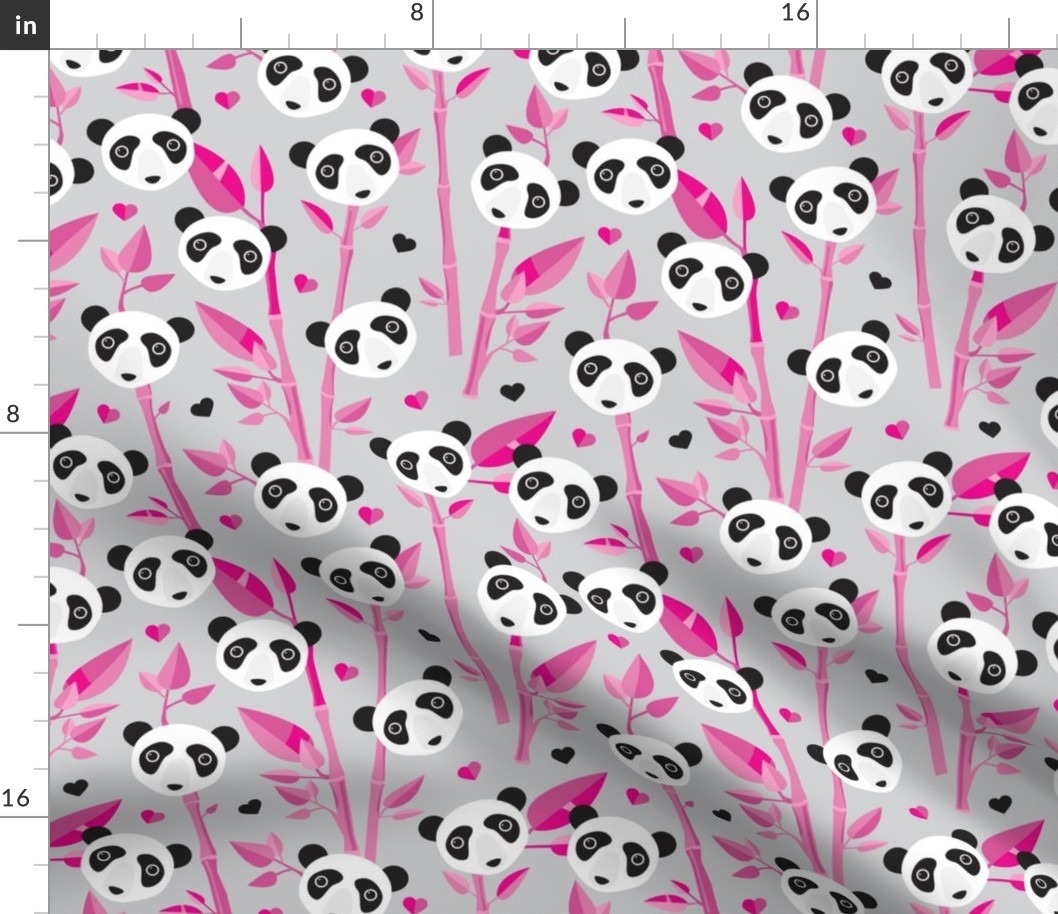 Cute bamboo forest panda love retro style modern kids illustration pattern in gray and pink