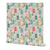 Colorful vintage green and red gender neutral christmas holiday season december christmas tree woodland illustration print