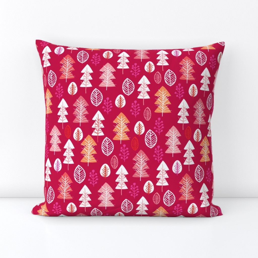 Colorful red and pink girls christmas holiday season december christmas tree woodland illustration print