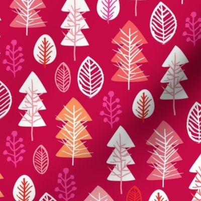 Colorful red and pink girls christmas holiday season december christmas tree woodland illustration print