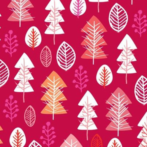 Colorful red and pink girls christmas holiday season december christmas tree woodland illustration print