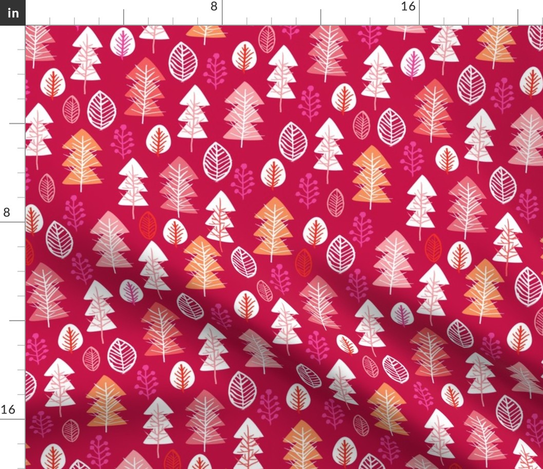 Colorful red and pink girls christmas holiday season december christmas tree woodland illustration print