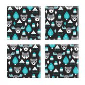 Geometric fox grizzly bear moose and wolf pine tree illustration winter woodland pattern black white and blue