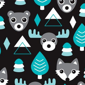 Geometric fox grizzly bear moose and wolf pine tree illustration winter woodland pattern black white and blue