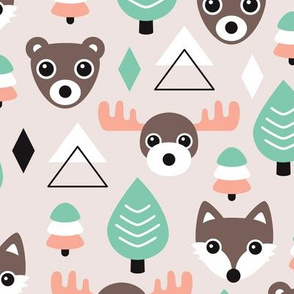 Geometric fox grizzly bear moose and wolf pine tree illustration winter woodland pattern soft beige mint and coral