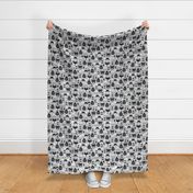 Geometric fox grizzly bear moose and wolf pine tree illustration winter woodland pattern soft gray black and white