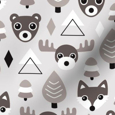 Geometric fox grizzly bear moose and wolf pine tree illustration winter woodland pattern gender neutral