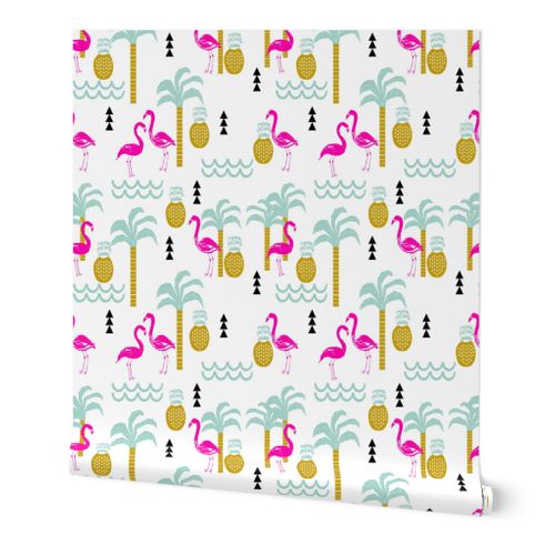 flamingo tropical palm tree pineapple | Spoonflower
