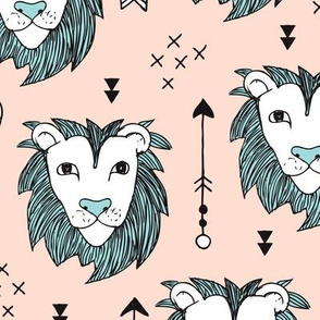 Cool scandinavian style lion and arrows safari animals kids illustration geometric pattern in beige and blue