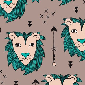 Cool scandinavian style african lion and arrows safari animals kids illustration geometric pattern in beige and blue