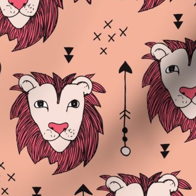 Cool scandinavian style lion and arrows safari animals kids illustration geometric pattern in coral and pink