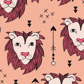 Cool scandinavian style lion and arrows safari animals kids illustration geometric pattern in coral and pink