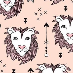 Cool scandinavian style lion and arrows safari animals kids illustration geometric pattern in beige and pink