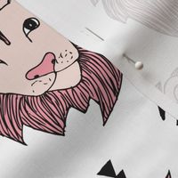 Cool scandinavian style lion and arrows safari animals kids illustration geometric pattern in beige and pink