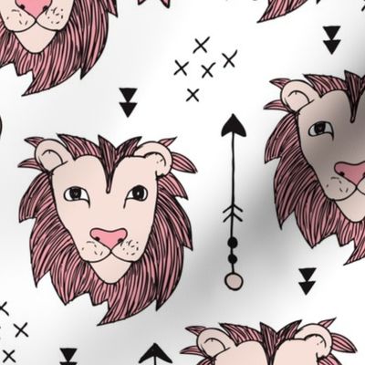 Cool scandinavian style lion and arrows safari animals kids illustration geometric pattern in beige and pink